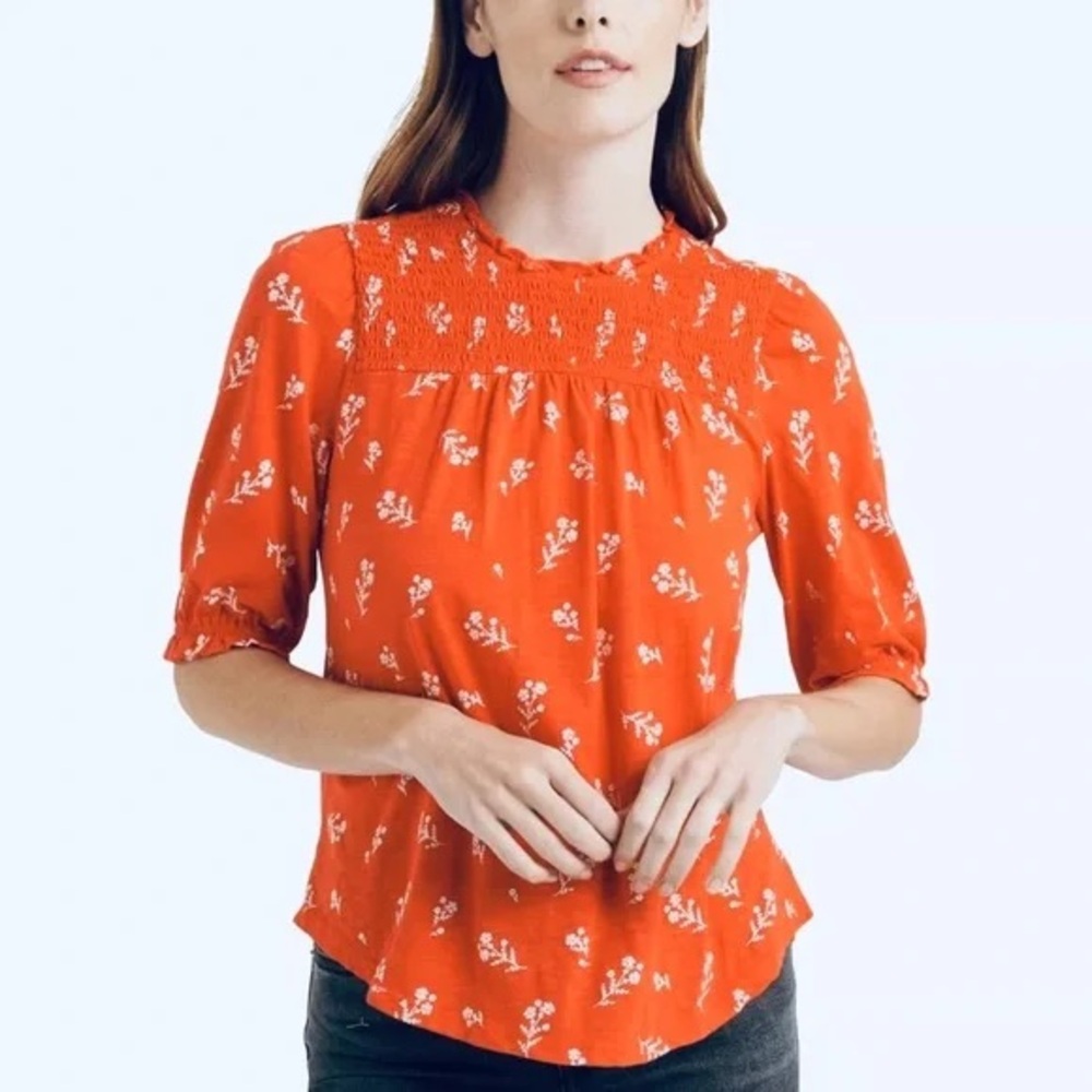 Lucky Brand Burnt Orange Boho Floral Print Smocked Cotton Blouse Top Size Large